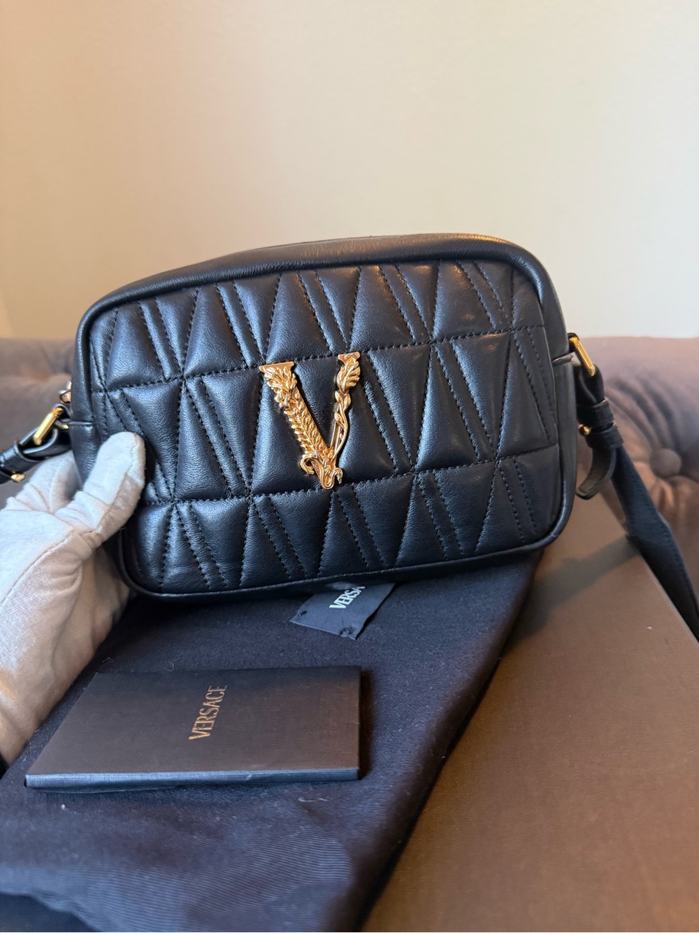 Versace Black Quilted Leather V Logo Crossbody Bag full inclusion